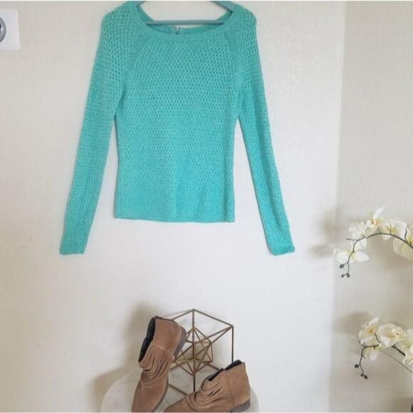 American Eagle Outfitters Turquoise Open Knit Sweater Women coverup see though S - Picture 4 of 8